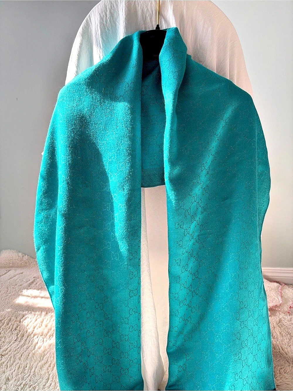 Gucci GG Monogram Jacquard Shawl, Teal, Silk and Cashmere Blend